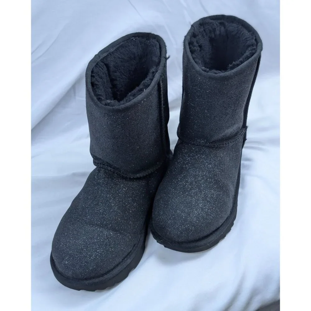 Ugg Boots Kids 6 Classic II Metallic Sparkle‎ Glitter Black Suede Shearling EUC